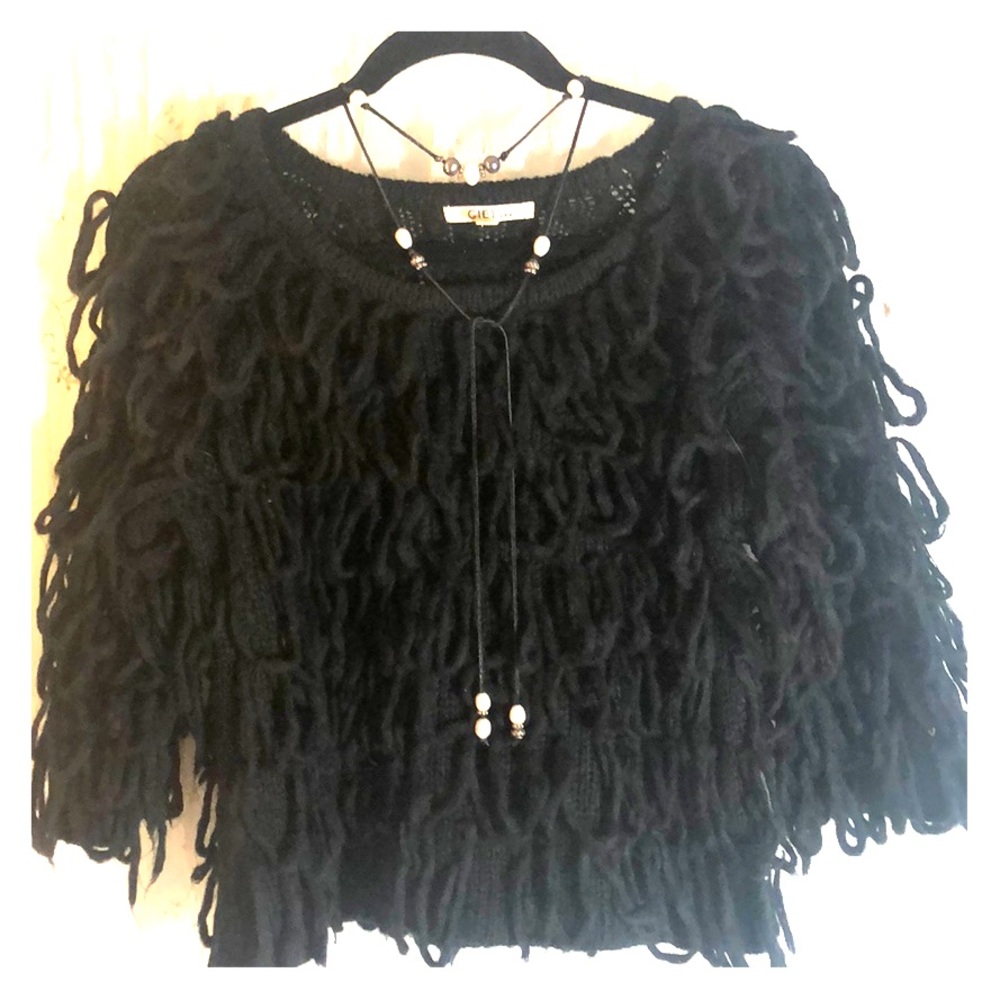 Funky Black large loop fringe crop sweater